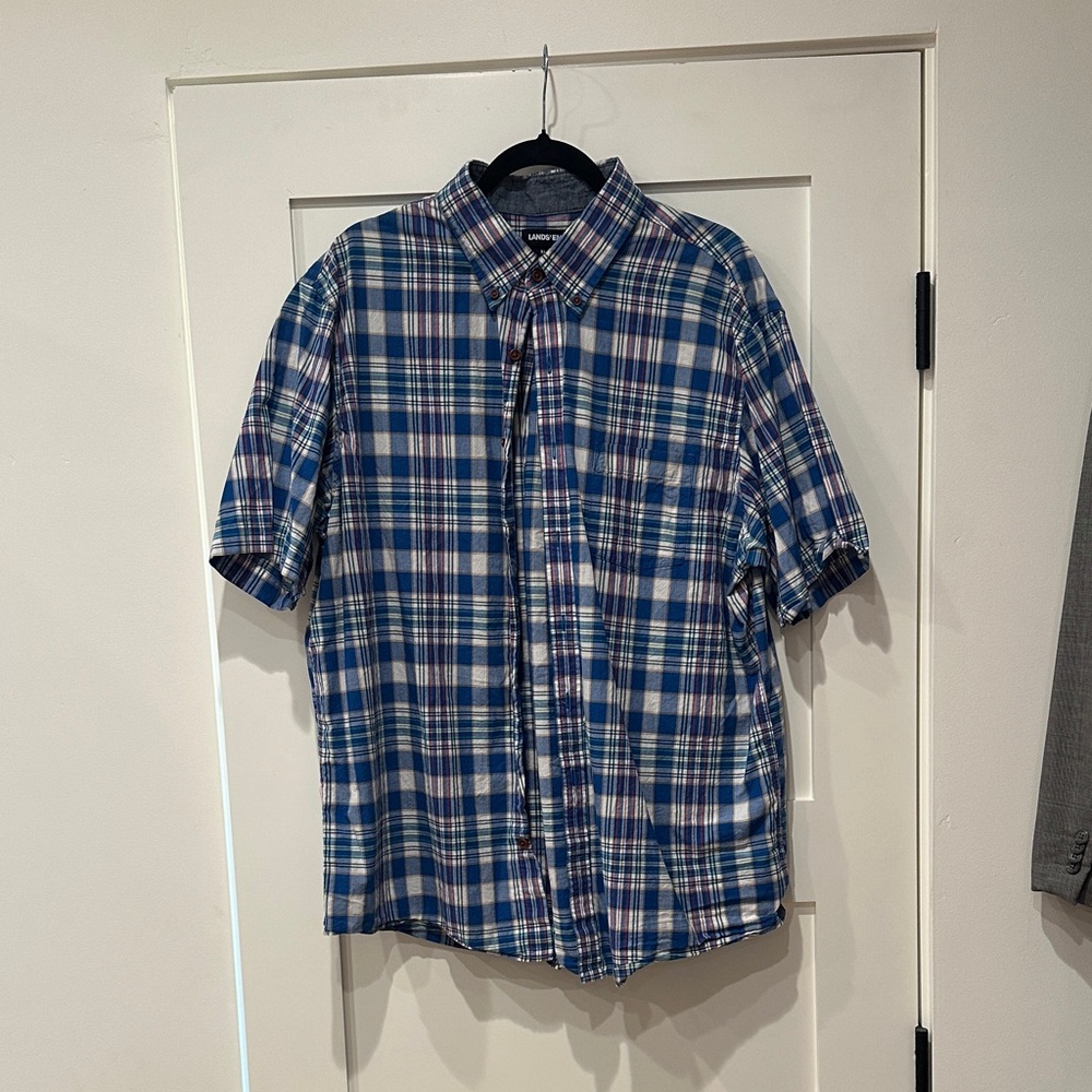 Lands' End XL Tall Blue and White Plaid Casual Shirt